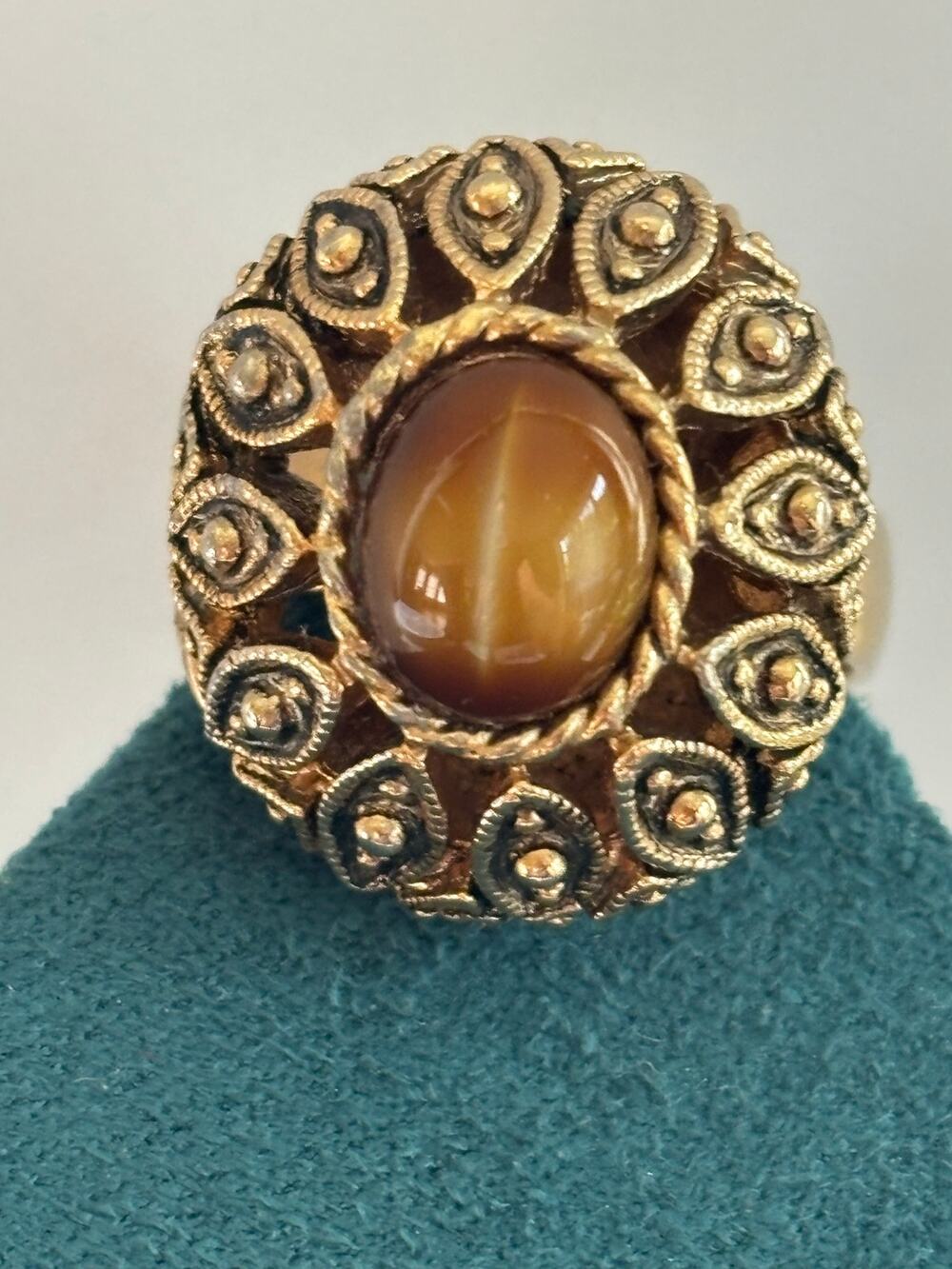 Vintage Dome Faux Tiger Eye Adjustable Pill/Poison/Prayer/Locket Ring SIGNED